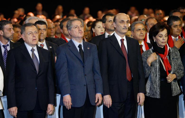 From left: Michel Aoun, Amin Gemayyel, Samir Geagea (Photo: Marwan Tahtah - al-Akhbar)