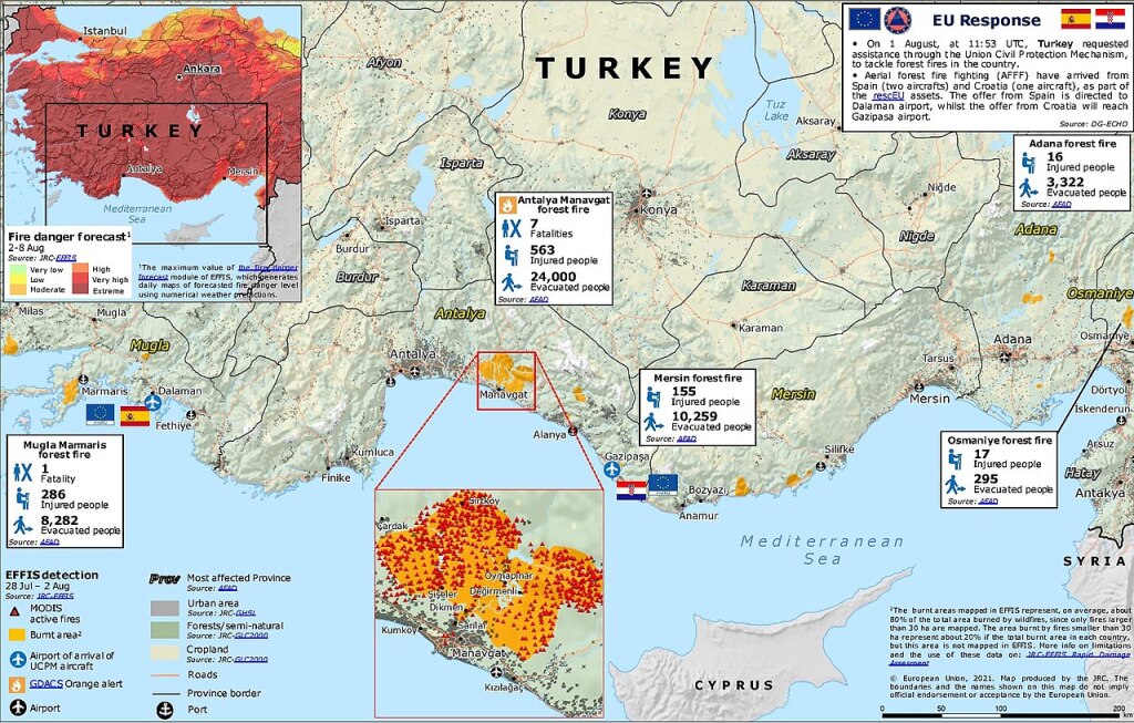 Il fronte degli incendi in Turchia al 2 agosto 2021 (Fonte: Commissione Ue)